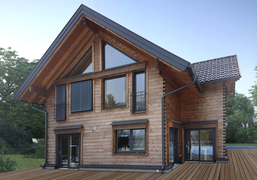 Haus in Holzbauweise und mit Holzterrasse.